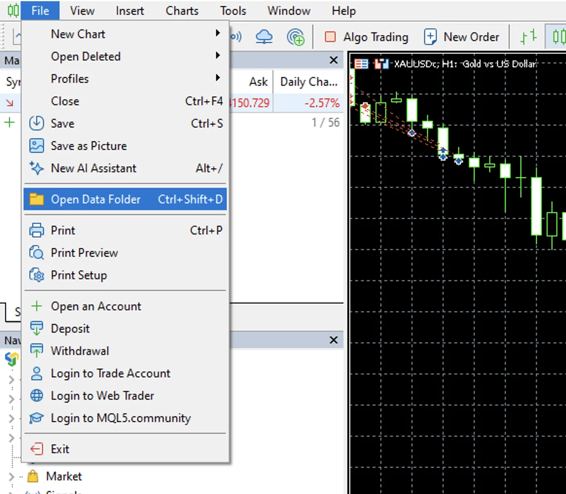 MT5 File menu with Open Data Folder highlighted